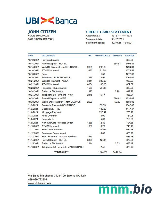 Italy Postepay Evolution (Poste Italiane) card statement template, 7 stronas scr